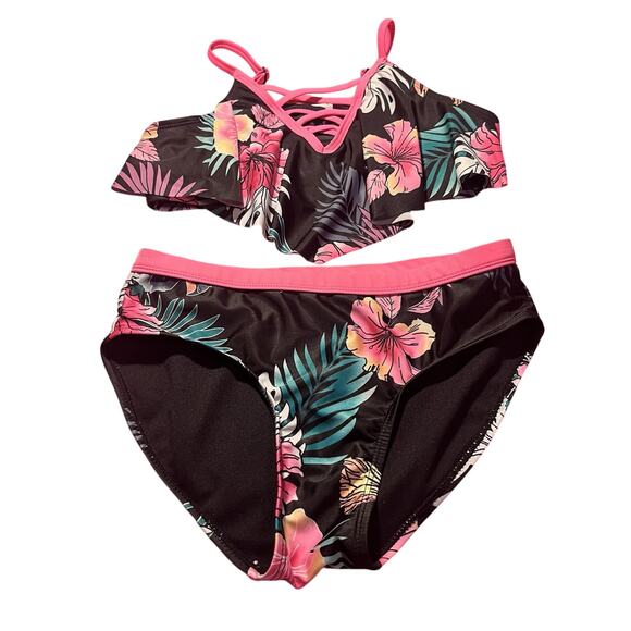 Justice Floral‎ Swimsuit Tankini Multicolor Two Piece Swimwear Size XL 14/16 - Picture 2 of 5